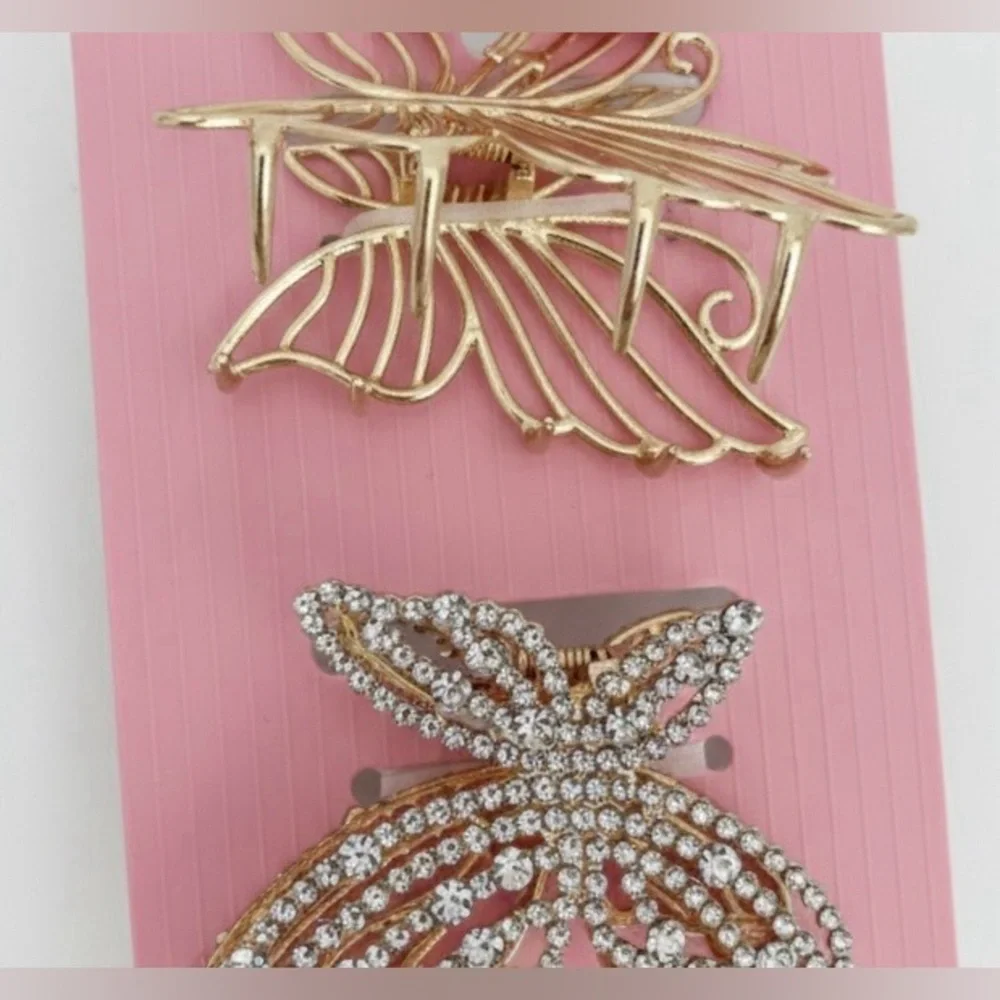nOir Jewelry Butterfly Hair Claw Clips - Gold & Rhinestone Set of 2